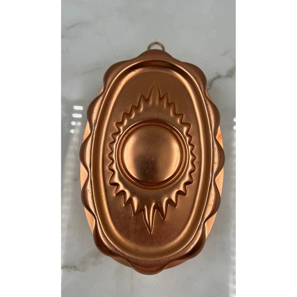 Vintage Copper Sunburst Jello Mold 3 Cup Oval Scalloped Wall Decor Hanging Pan